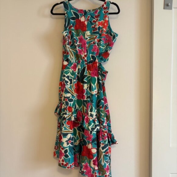 NWOT SAM EDELMAN Tropical Ruffle Cutout Midi Dress In Aqua Multi size 6 - Picture 5 of 10
